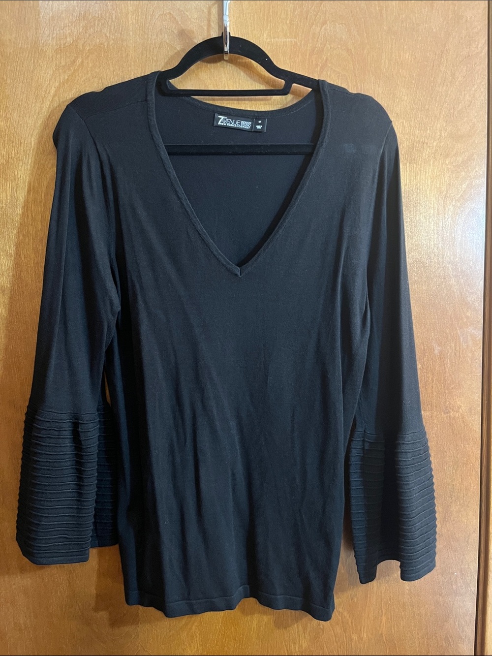 7th Avenue DS M Black V-Neck Long Sleeve Top with Pleated Bell Sleeves - BUNDLE